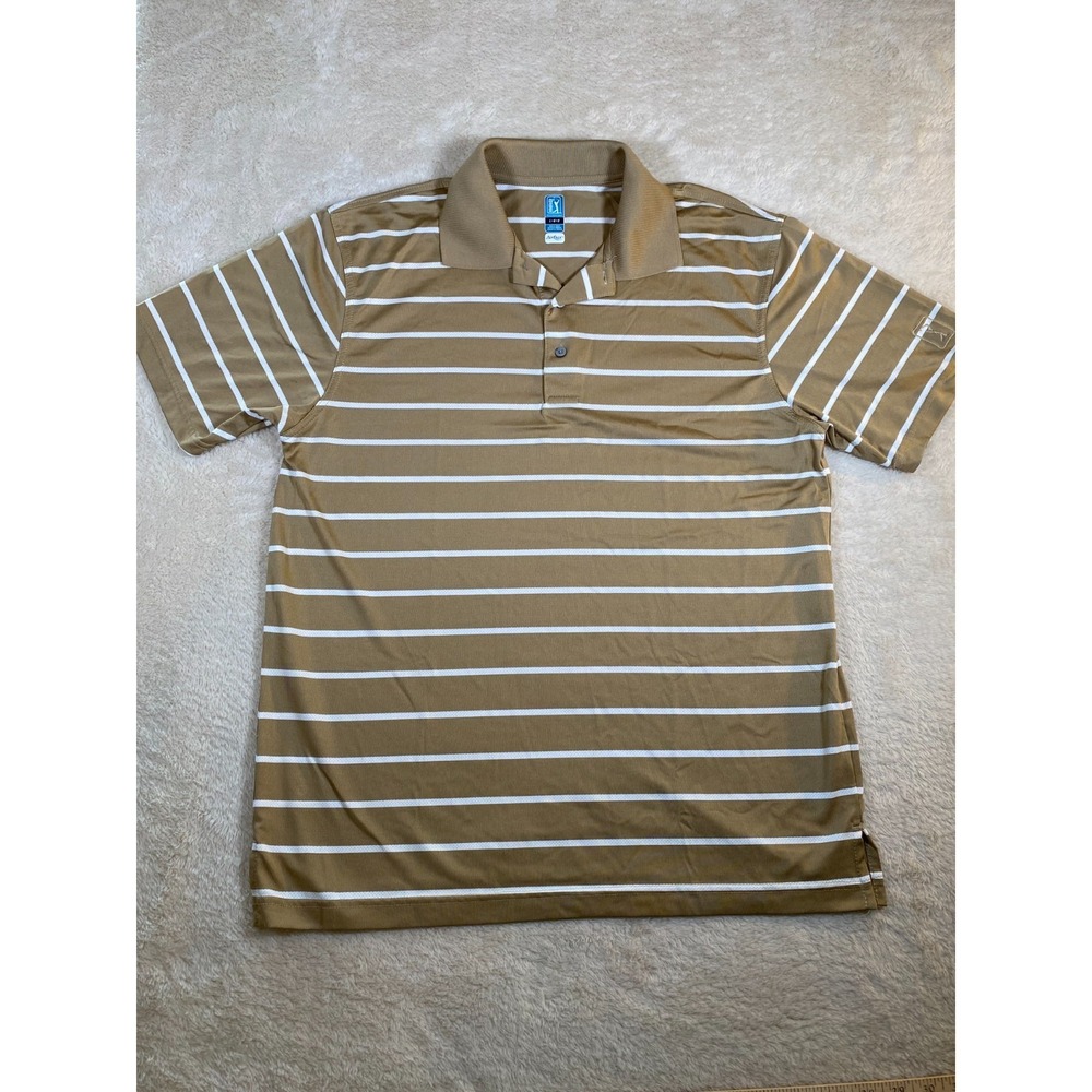PGA Tour Men's Size Large Striped Golf Polo Airflux Tan/Light Brown